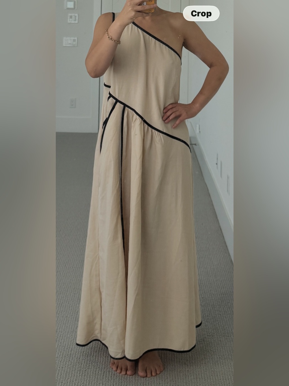 Beige Women's One-shoulder Maxi Dress with Black Trim